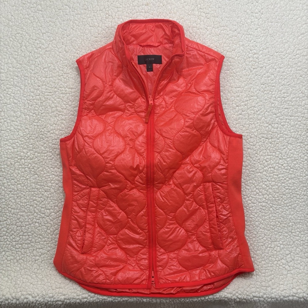 J.Crew Puffer Vest Womens Small Coral Orange Quilted Zip Packable Stretch Sides